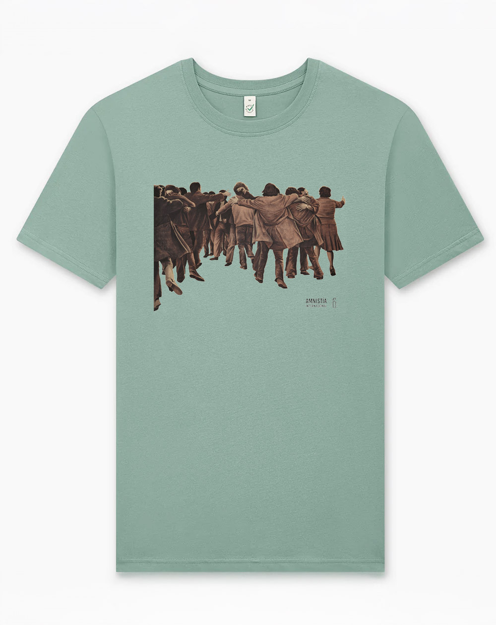 Camiseta El Abrazo Verde de Amnistía Internacional con diseño inspirado en la obra de Juan Genovés