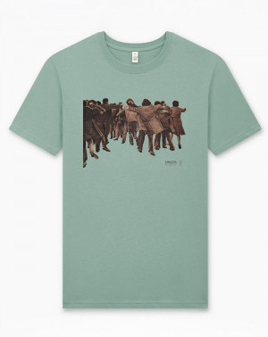 Camiseta El Abrazo Verde de Amnistía Internacional con diseño inspirado en la obra de Juan Genovés